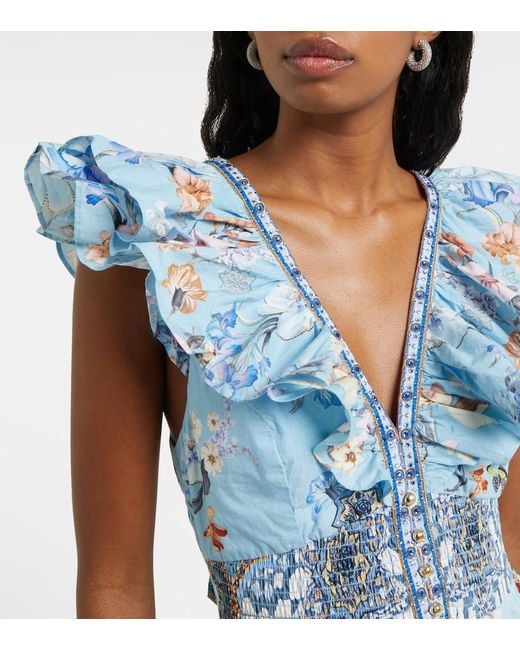 Camilla Blue Ruffled Crystal-Embellished Printed Organic Cotton-Poplin Maxi Dress