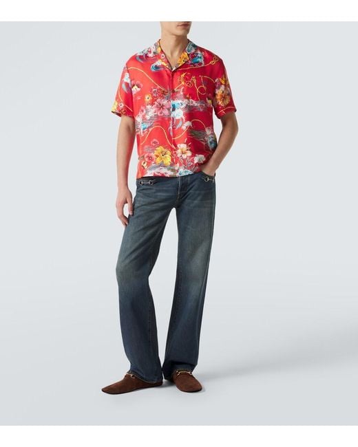 Gucci Red Floral Silk Twill Bowling Shirt for men
