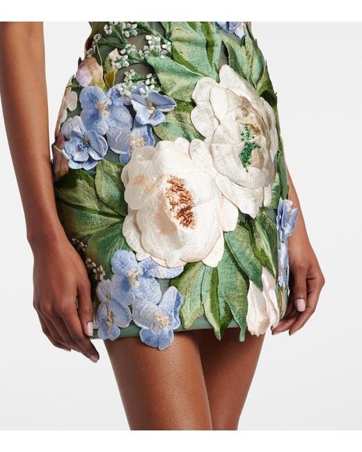 LEO LIN Green Roselle Floral-Applique Minidress