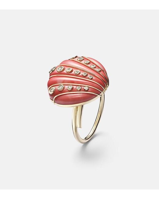 Yvonne Léon Red Coquillage Corail 9Kt Ring With Diamonds