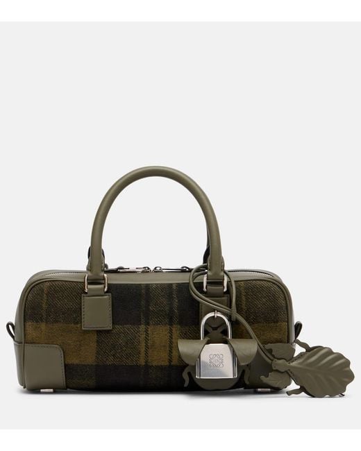Loewe Green Amazona 23 Leather-Trimmed Tartan Tote Bag