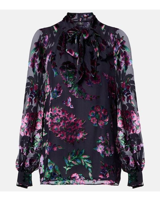 Etro Blue Printed Tie-Neck Blouse