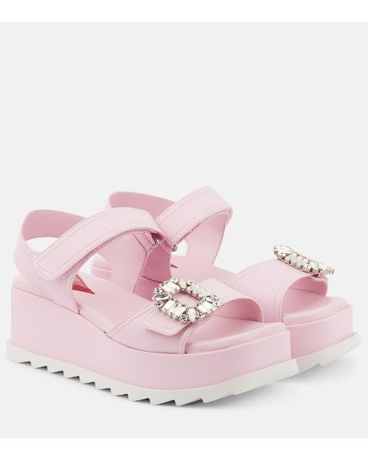 Roger Vivier Pink Embellished Leather Platform Sandals