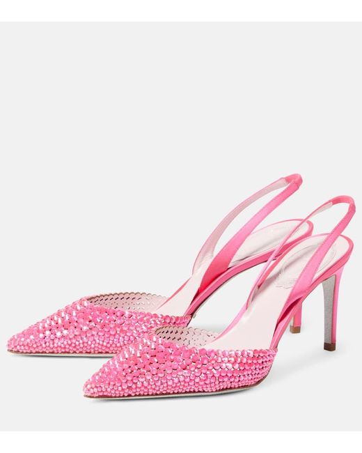Rene Caovilla Pink Embellished Satin Slingback Sandals