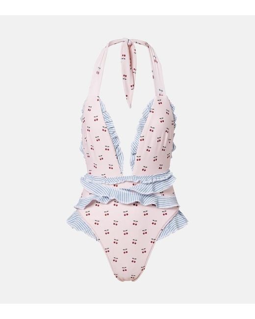 Montce White Tropez Printed Ruffled Swimsuit