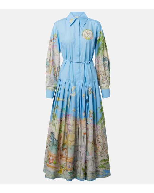 ALÉMAIS Blue Anouk Printed Cotton Midi Shirt Dress