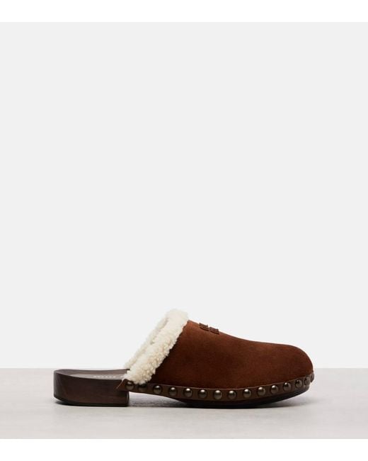 Miu Miu Brown Shearling-Lined Suede Clogs