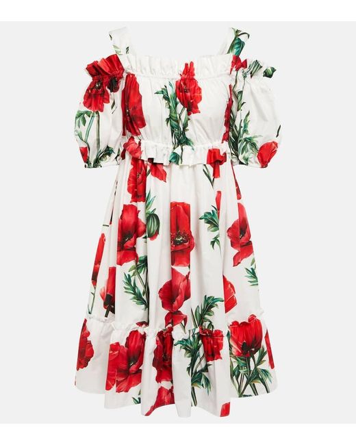 Dolce & Gabbana Red Floral Off-shoulder Cotton Midi Dress