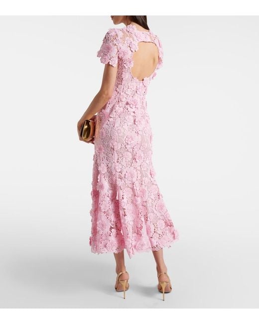 Oscar de la Renta Pink Floral Lace Midi Dress