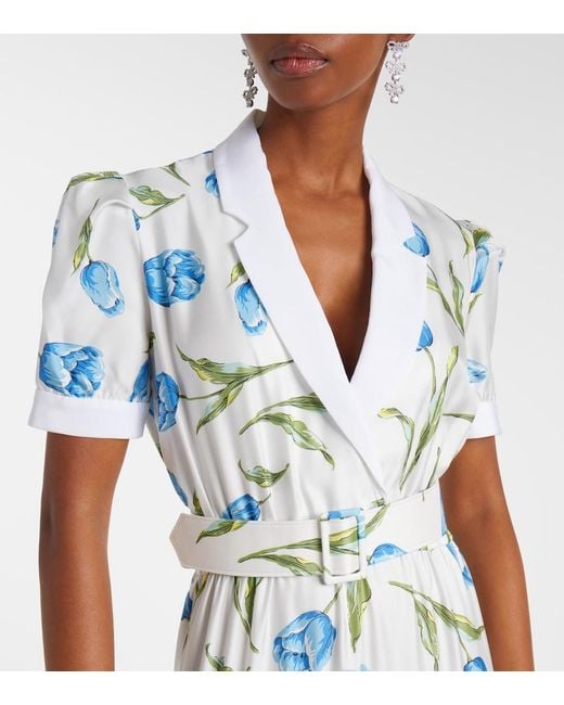 Rodarte Blue Belted Floral Silk Twill Midi Dress