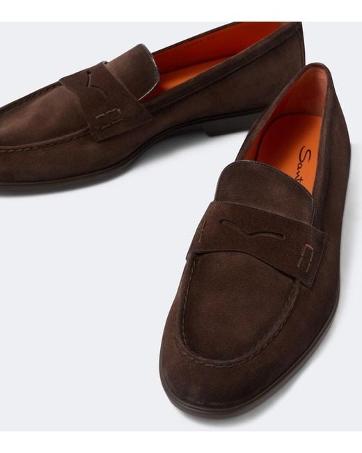 Santoni Brown Milo Suede Penny Loafers for men