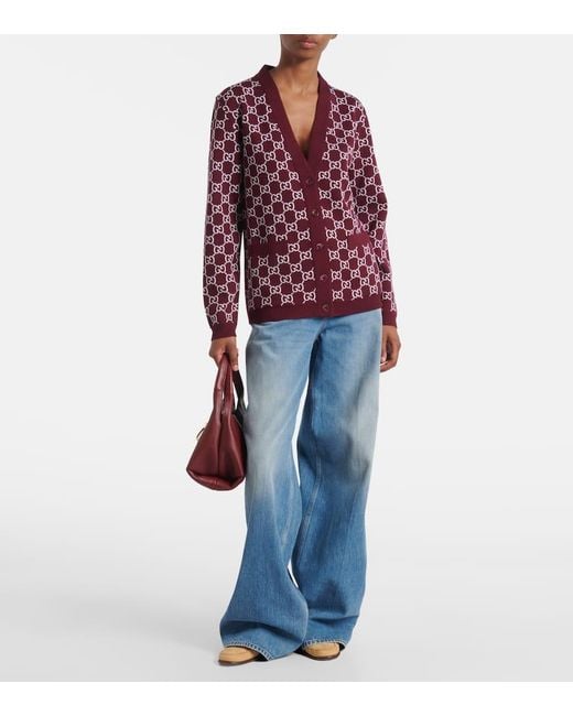 Cardigan Reversible De Jacquard En Mezcla De Lana Con Gg Gucci de color Red
