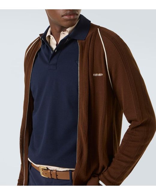 Miu Miu Brown Logo Cotton-Blend Zip-Up Cardigan for men