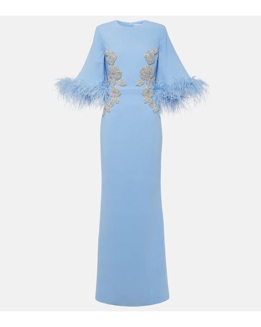 Rebecca Vallance Blue Juliana Feather-trimmed Crepe Gown