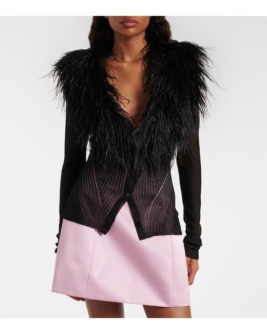 Blumarine Black Feather-Trimmed Ribbed-Knit Cardigan