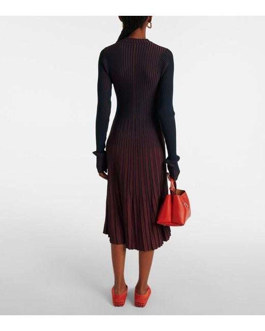 Tod's Blue Striped Pleated Ribbed-Knit Midi Dress