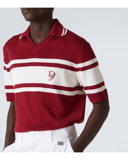 Polo De Seda Y Algodón Con Logotipo Bordado Dolce & Gabbana de hombre de color Red