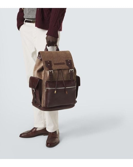 Brunello Cucinelli Brown Herringbone Leather-Trimmed Backpack for men