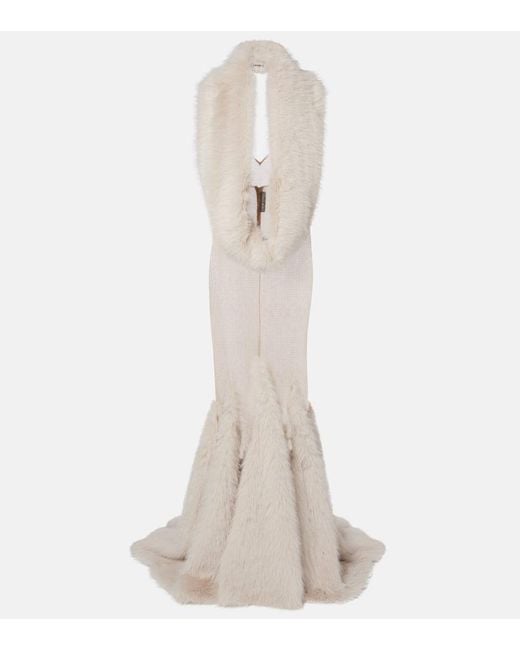 David Koma White Robe Mit Pailletten Und Faux Fur