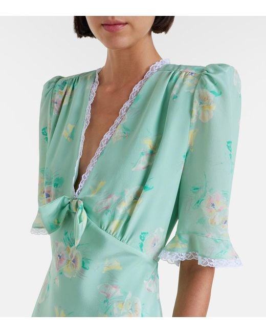 Alessandra Rich Green Lace-Trimmed Floral Silk Minidress
