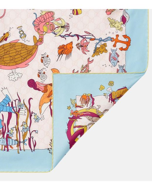Gucci Blue Gg Printed Silk Twill Scarf