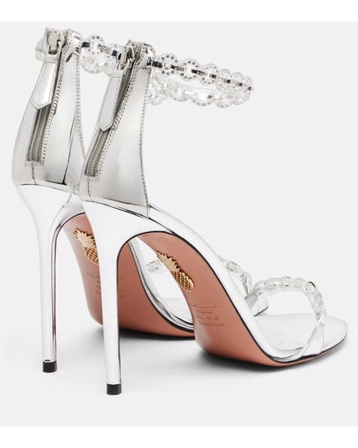 Aquazzura White Bijoux 105 Embellished Metallic Leather Sandals