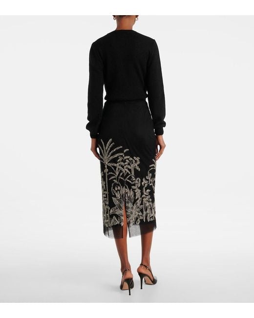 Costarellos Black Leyla Beaded Tulle Midi Skirt