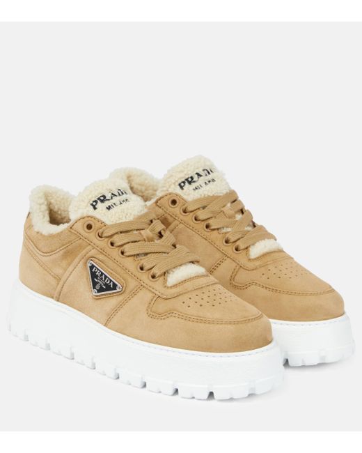 Prada Natural Suede Shearling Sneakers