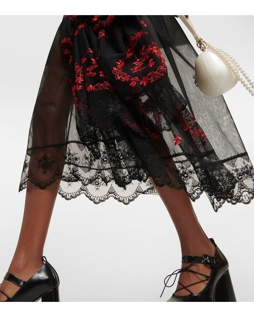 Simone Rocha Black Floral Embroidered Tulle Midi Dress