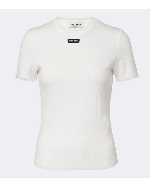Miu Miu White Pointelle Cotton T-Shirt