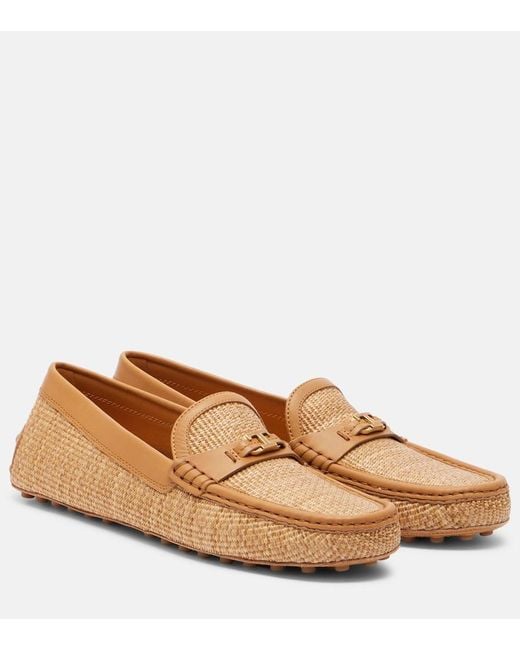 Tod's Brown Gommino Leather-Trimmed Raffia Loafers