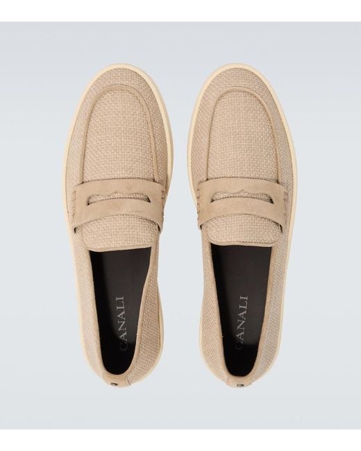 Canali White Woven Suede-Trimmed Penny Loafers for men