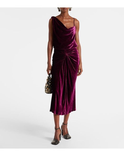 Dries Van Noten Purple Gathered Velvet Midi Skrit