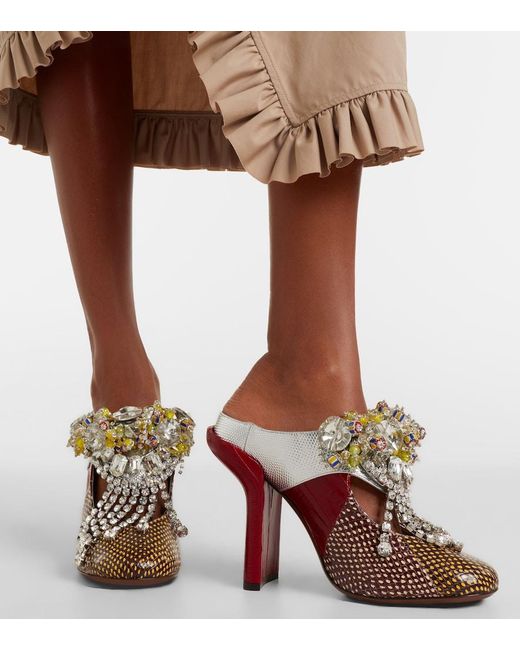 Dries Van Noten Red Embellished Patchwork Leather Mules