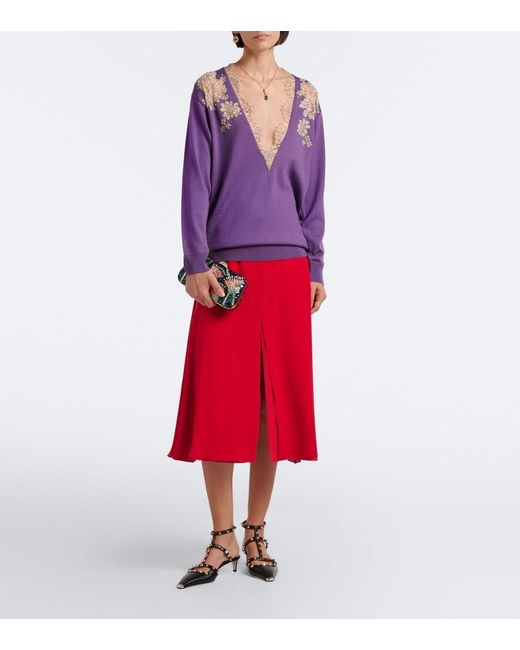 Valentino Purple Lace-Trimmed Virgin Wool Sweater