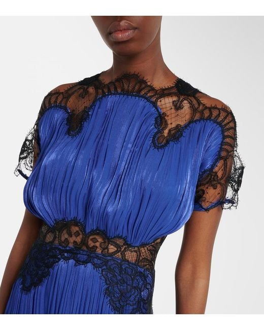 Costarellos Blue Lace-Trimmed Lurex Georgette Gown