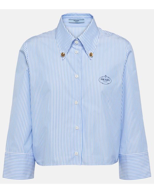Prada Blue Striped Cropped Cotton-blend Shirt