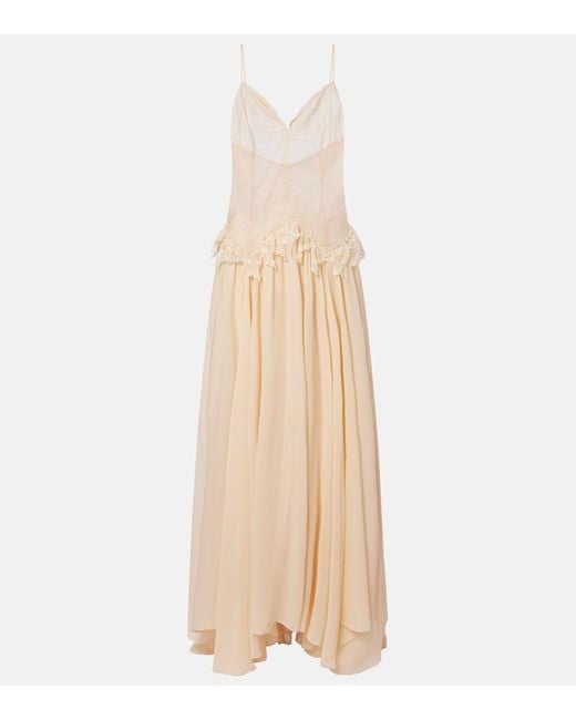 Blumarine Natural Lace-Trimmed Georgette Maxi Dress