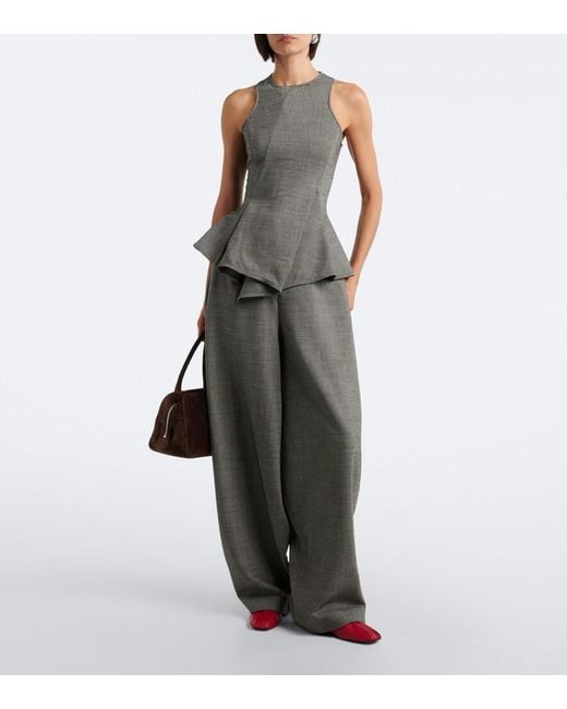 Magda Butrym Gray Herringbone Pleated Peplum Wool-Blend Top