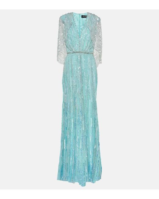 Jenny Packham Blue Coralia Caped Embellished Gown