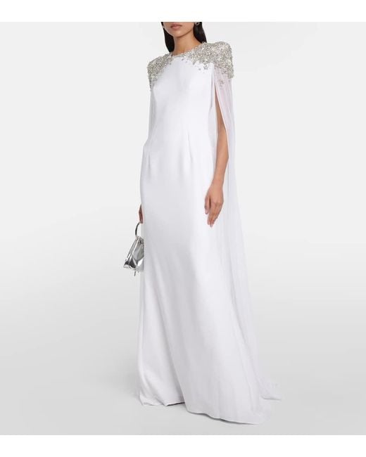 Jenny Packham White Bridal Frida Embellished Cape-Detail Gown