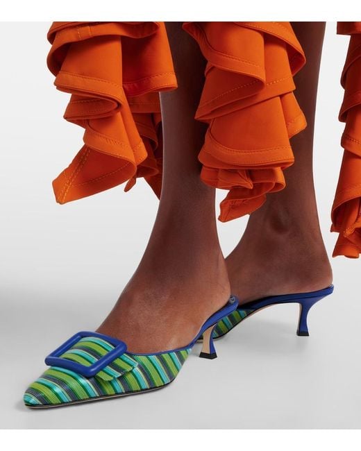 Manolo Blahnik Blue Maysalebi Striped Leather-Trimmed Mules
