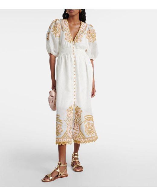 Zimmermann Natural Waverly Embroidered Linen Midi Dress