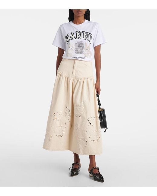 Ganni Natural Broderie Anglaise Gathered Denim Skirt