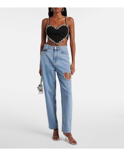 Top Raccourci Heart A Cristaux Area en coloris Black