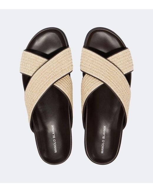 Manolo Blahnik Brown Chiltern Leather-Trimmed Raffia Slides for men