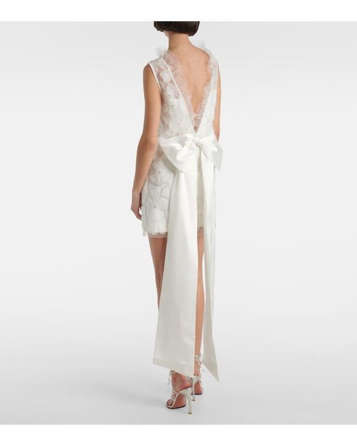 Self-Portrait White Bridal Bow-Detail Beaded Satin Minidress