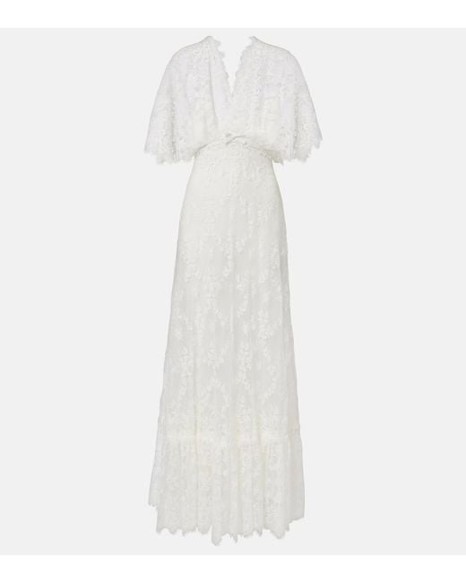 Elie Saab White Embroidered Cotton-Blend Lace Gown