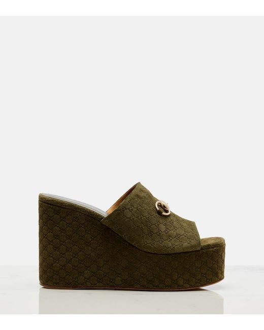 Gucci Green Horsebit Gg Suede Wedge Mules