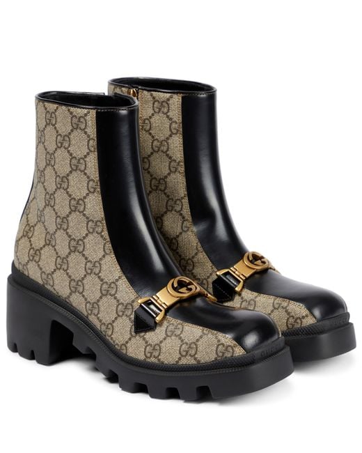 Gucci Interlocking G Horsebit Canvas Ankle Boots in Black | Lyst
